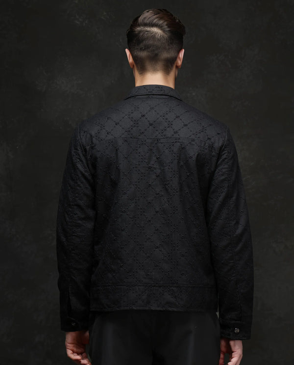 Rare Rabbit Men Canyo Black Polyester Viscose Fabric Full Sleeve Collared Neck Zipper Closure Relaxed Fit Embroidered Jacket