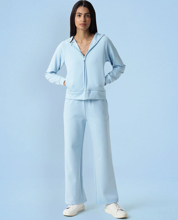 Rareism Women Capper Blue Cotton Blend Fabric Full Sleeves Solid Hooded Jacket