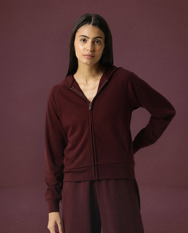 Rareism Women Capper Maroon Cotton Blend Fabric Full Sleeves Solid Hooded Jacket