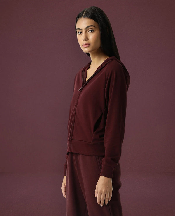 Rareism Women Capper Maroon Cotton Blend Fabric Full Sleeves Solid Hooded Jacket