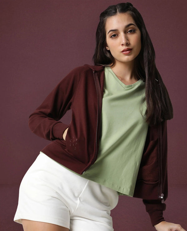 Rareism Women Capper Maroon Cotton Blend Fabric Full Sleeves Solid Hooded Jacket