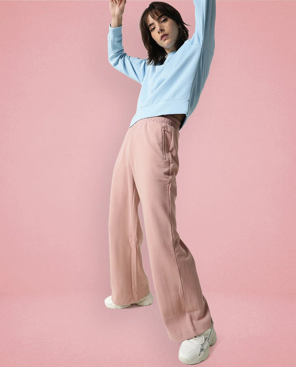 Rareism Women Capsule Dusky Pink Cotton Blend Fabric Relaxed Fit Solid Mid Rise Ankle Length Track Pant