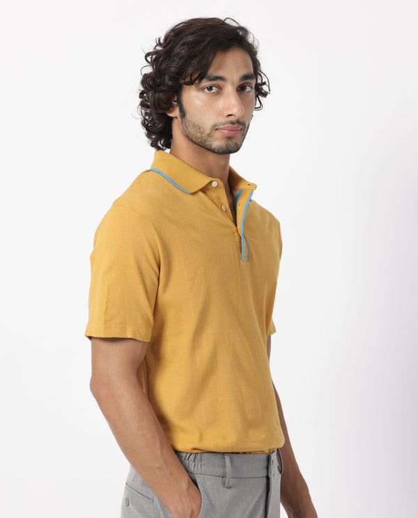 Rare Rabbit Men's Cardona Mustard Cotton Fabric Collared Neck Half Sleeves Striped Polo T-Shirt