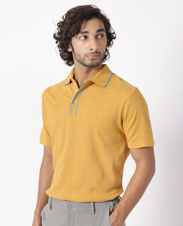 Rare Rabbit Men's Cardona Mustard Cotton Fabric Collared Neck Half Sleeves Striped Polo T-Shirt