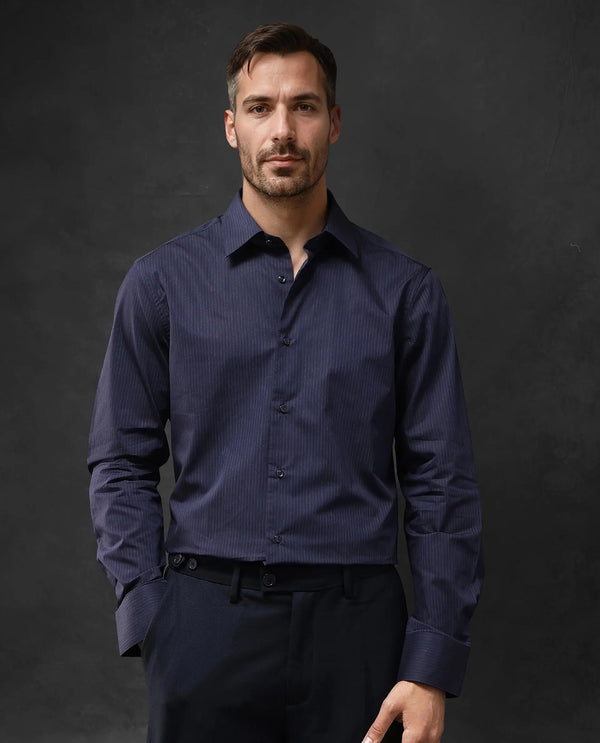 Rare Rabbit Men Carlin Navy Cotton Fabric Full Sleeve Regular Fit Striped Shirt