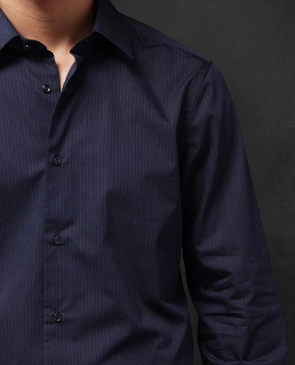 Rare Rabbit Men Carlin Navy Cotton Fabric Full Sleeve Regular Fit Striped Shirt
