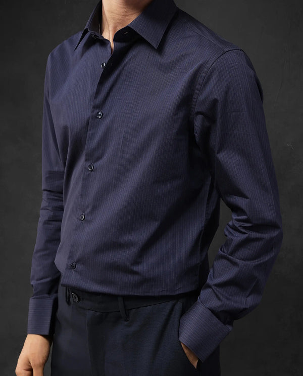 Rare Rabbit Men Carlin Navy Cotton Fabric Full Sleeve Regular Fit Striped Shirt
