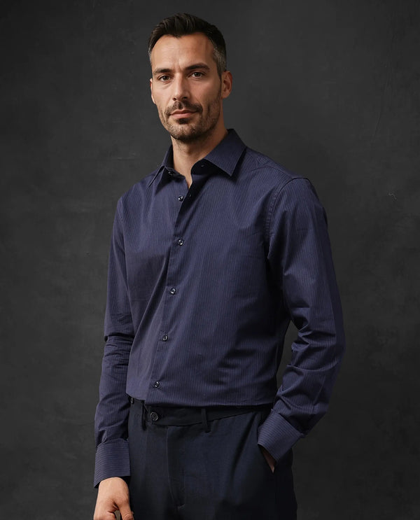 Rare Rabbit Men Carlin Navy Cotton Fabric Full Sleeve Regular Fit Striped Shirt