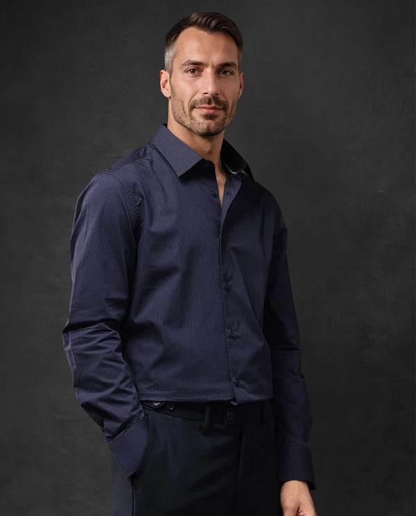 Rare Rabbit Men Carlin Navy Cotton Fabric Full Sleeve Regular Fit Striped Shirt