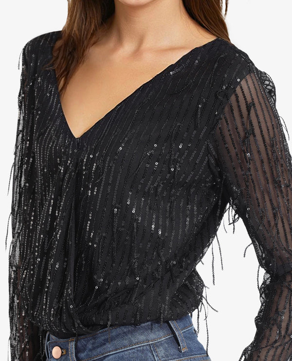 Rareism Women Carm Metallic Black Cotton Fabric Full Sleeves Sequined Top
