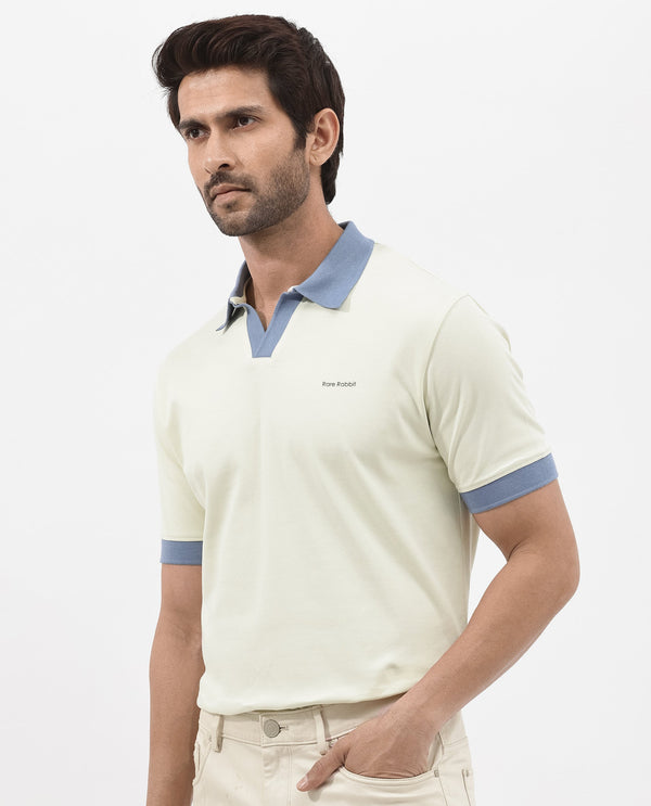 Rare Rabbit Men's Carmelon Light Green Cotton Fabric Johnny Collar Short Sleeves Plain Knit Polo
