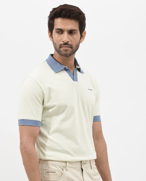 Rare Rabbit Men's Carmelon Light Green Cotton Fabric Johnny Collar Short Sleeves Plain Knit Polo