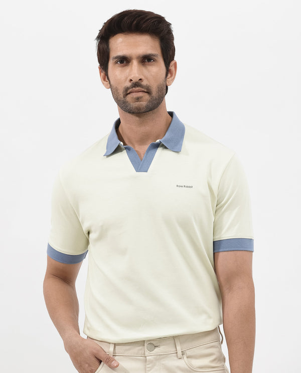 Rare Rabbit Men's Carmelon Light Green Cotton Fabric Johnny Collar Short Sleeves Plain Knit Polo