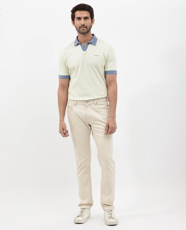 Rare Rabbit Men's Carmelon Light Green Cotton Fabric Johnny Collar Short Sleeves Plain Knit Polo