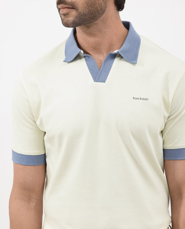 Rare Rabbit Men's Carmelon Light Green Cotton Fabric Johnny Collar Short Sleeves Plain Knit Polo