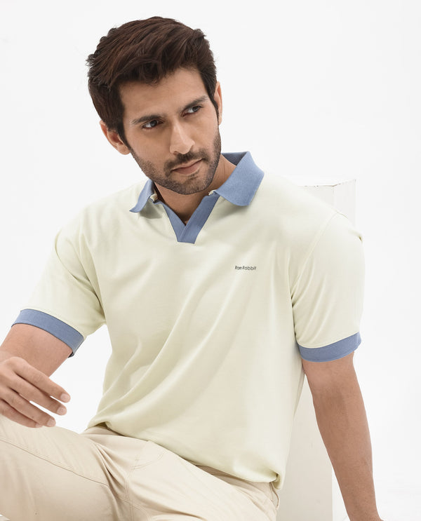 Rare Rabbit Men's Carmelon Light Green Cotton Fabric Johnny Collar Short Sleeves Plain Knit Polo
