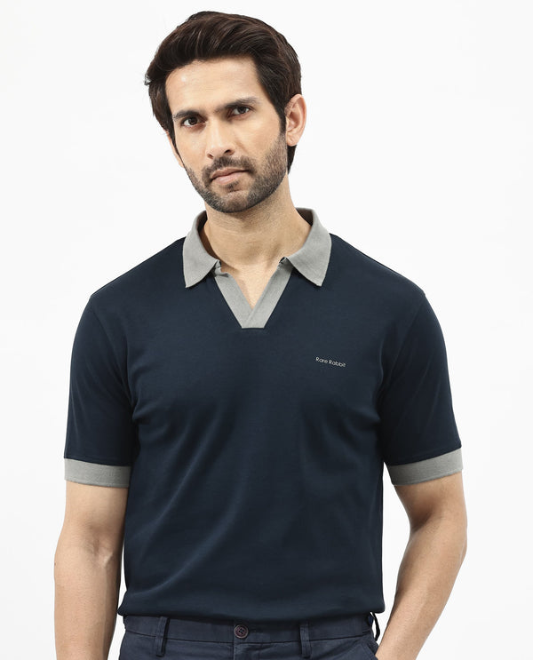 Rare Rabbit Men's Carmelon Navy Cotton Fabric Johnny Collar Short Sleeves Plain Knit Polo