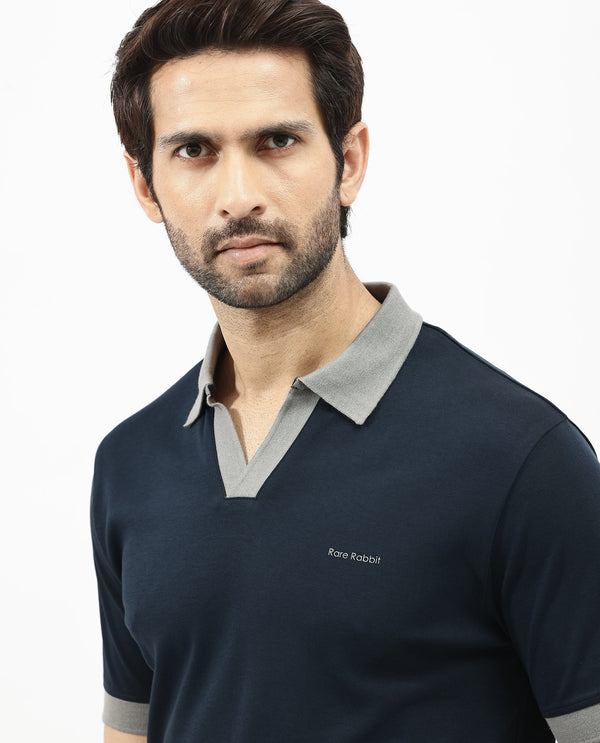 Rare Rabbit Men's Carmelon Navy Cotton Fabric Johnny Collar Short Sleeves Plain Knit Polo