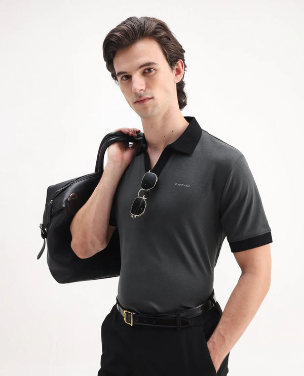 Rare Rabbit Men's Carmelon Dark Grey Cotton Fabric Johnny Collar Short Sleeves Plain Knit Polo