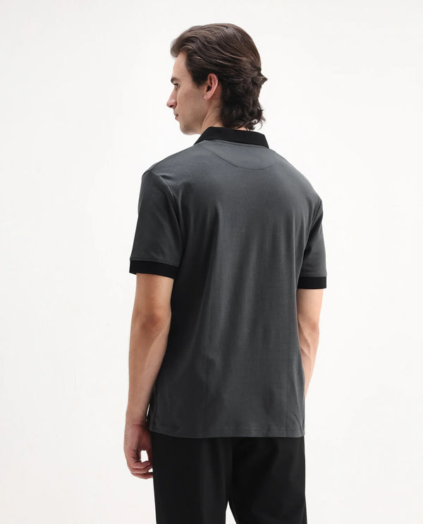 Rare Rabbit Men's Carmelon Dark Grey Cotton Fabric Johnny Collar Short Sleeves Plain Knit Polo