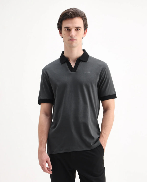 Rare Rabbit Men's Carmelon Dark Grey Cotton Fabric Johnny Collar Short Sleeves Plain Knit Polo