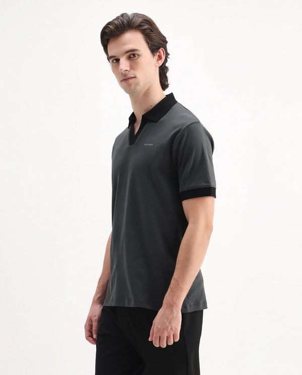 Rare Rabbit Men's Carmelon Dark Grey Cotton Fabric Johnny Collar Short Sleeves Plain Knit Polo