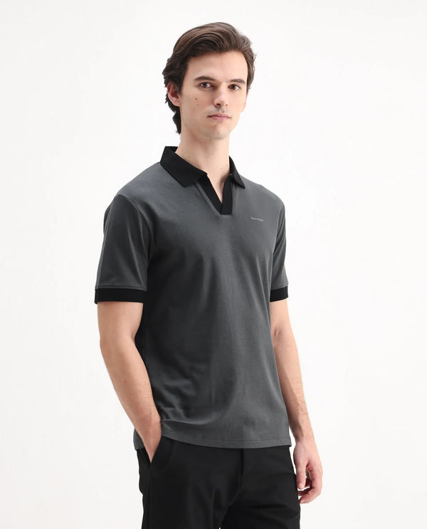 Rare Rabbit Men's Carmelon Dark Grey Cotton Fabric Johnny Collar Short Sleeves Plain Knit Polo