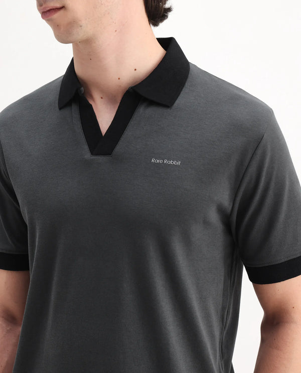 Rare Rabbit Men's Carmelon Dark Grey Cotton Fabric Johnny Collar Short Sleeves Plain Knit Polo
