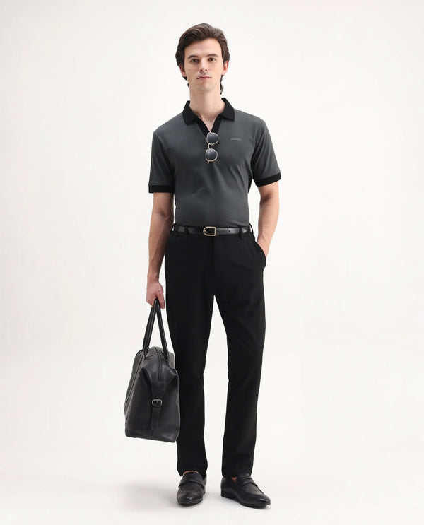 Rare Rabbit Men's Carmelon Dark Grey Cotton Fabric Johnny Collar Short Sleeves Plain Knit Polo
