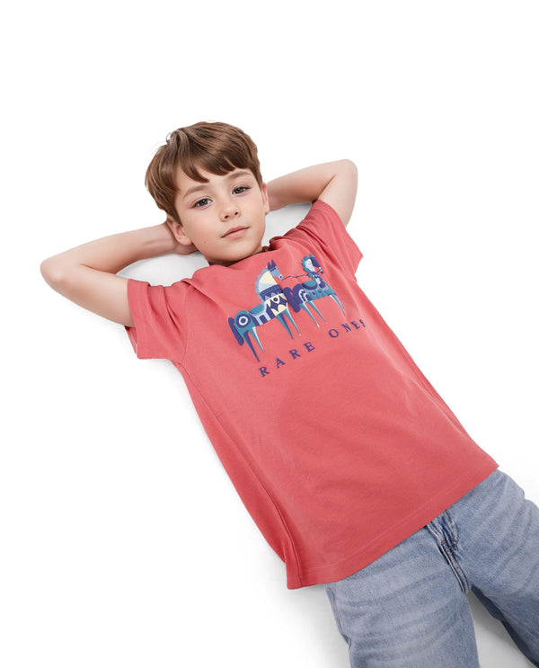 Rare Ones Kids Carno Peach Cotton Fabric Half Sleeves Crew Neck Graphic Print T-Shirt