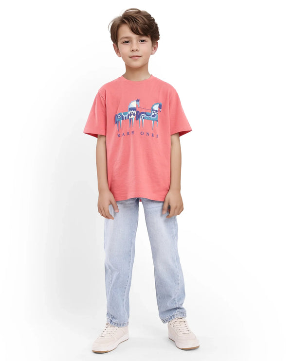 Rare Ones Kids Carno Peach Cotton Fabric Half Sleeves Crew Neck Graphic Print T-Shirt