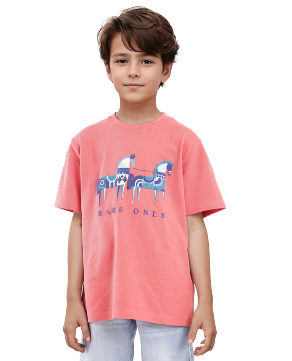 Rare Ones Kids Carno Peach Cotton Fabric Half Sleeves Crew Neck Graphic Print T-Shirt