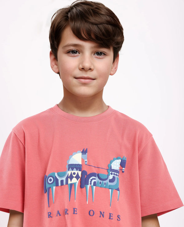 Rare Ones Kids Carno Peach Cotton Fabric Half Sleeves Crew Neck Graphic Print T-Shirt