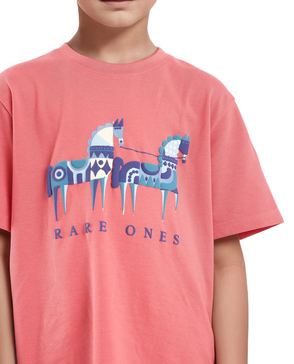 Rare Ones Kids Carno Peach Cotton Fabric Half Sleeves Crew Neck Graphic Print T-Shirt