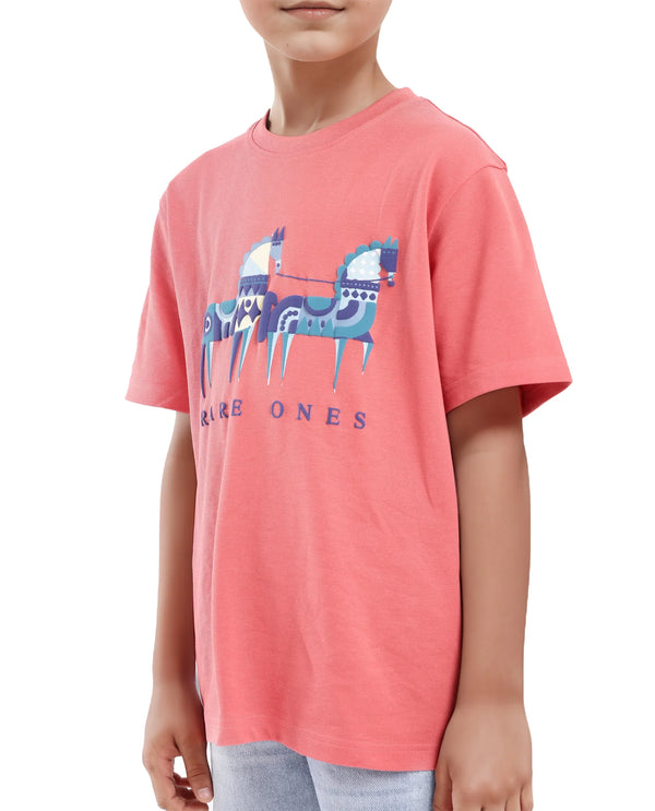 Rare Ones Kids Carno Peach Cotton Fabric Half Sleeves Crew Neck Graphic Print T-Shirt