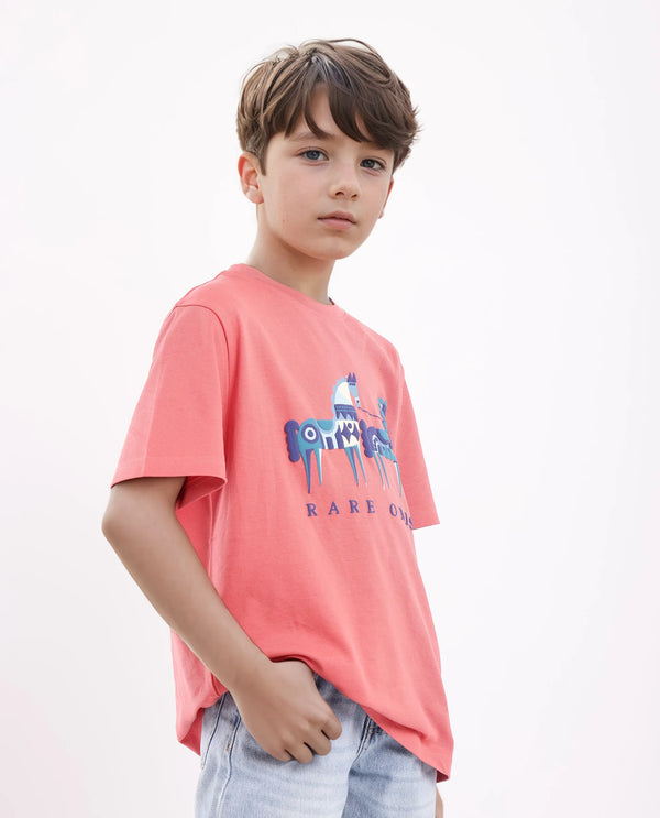 Rare Ones Kids Carno Peach Cotton Fabric Half Sleeves Crew Neck Graphic Print T-Shirt