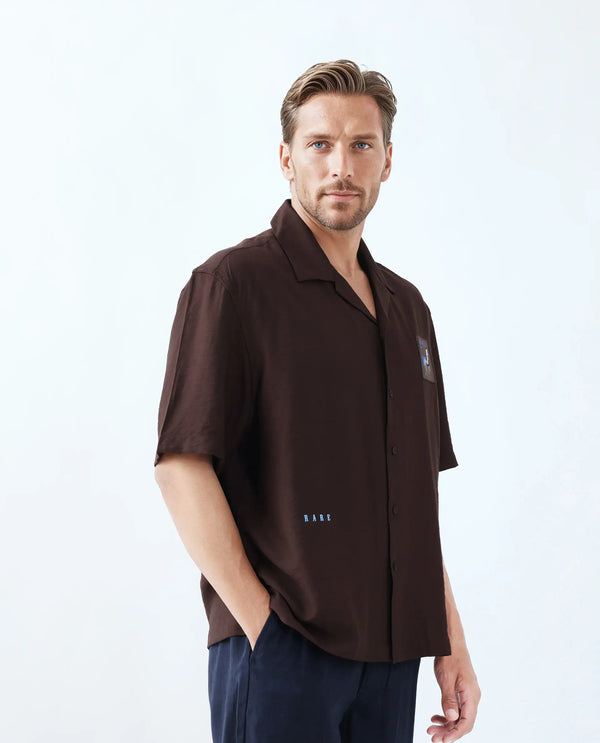 Rare Rabbit Men's Carned Brown Cotton Fabric Full Sleeve Collared Neck Button Closure Boxy Fit Label Print Shirt