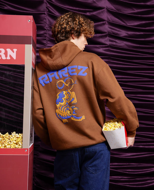 Rare Rabbit Men Dary Dark Mustard Cotton Polyester Fabric Full Sleeve Crew Neck Boxy Fit Puff Print Hooded Sweatshirt