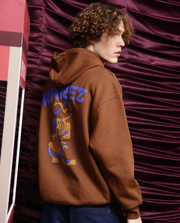 Rare Rabbit Men Dary Dark Mustard Cotton Polyester Fabric Full Sleeve Crew Neck Boxy Fit Puff Print Hooded Sweatshirt