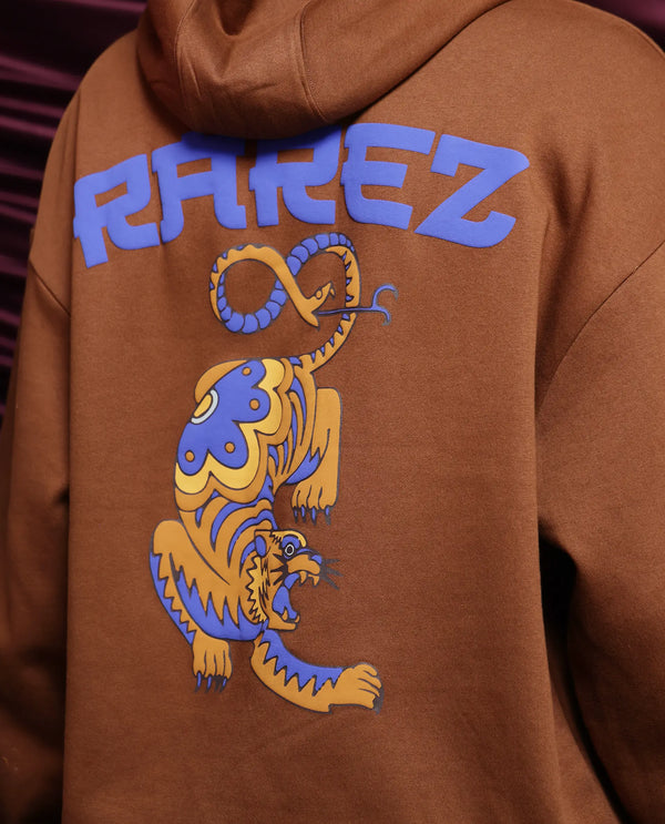 Rare Rabbit Men Dary Dark Mustard Cotton Polyester Fabric Full Sleeve Crew Neck Boxy Fit Puff Print Hooded Sweatshirt