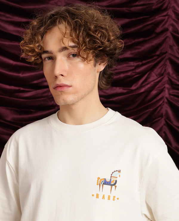 Rare Rabbit Men Carn Off White Short Sleeve Crew Neck Oversized Fit Animal Printed T-Shirt