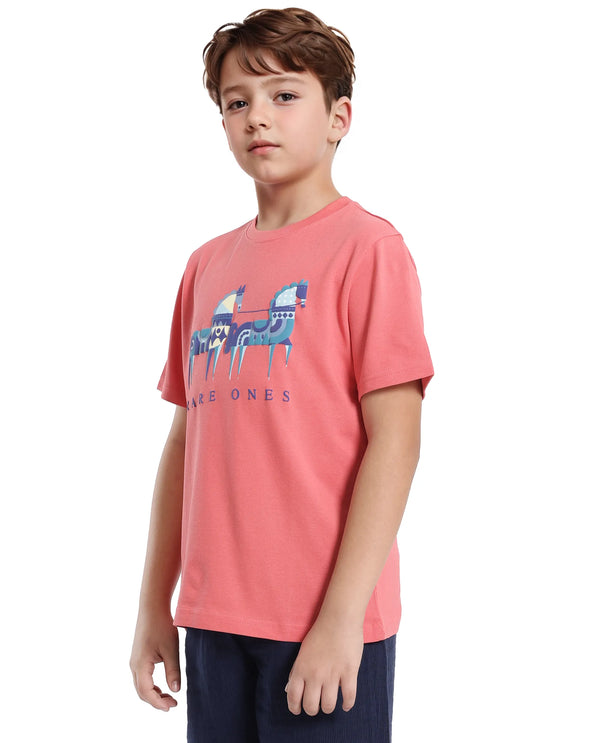 Rare Ones Kids Carno Peach Cotton Fabric Half Sleeves Crew Neck Graphic Print T-Shirt