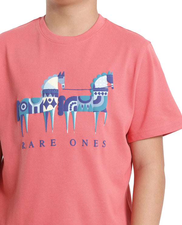 Rare Ones Kids Carno Peach Cotton Fabric Half Sleeves Crew Neck Graphic Print T-Shirt