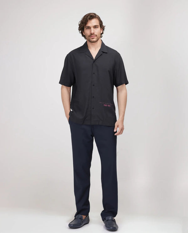 Rare Rabbit Men's Caro-S Black Cotton Short Sleeve Collared Neck Button Closure Graphic Print Shirt