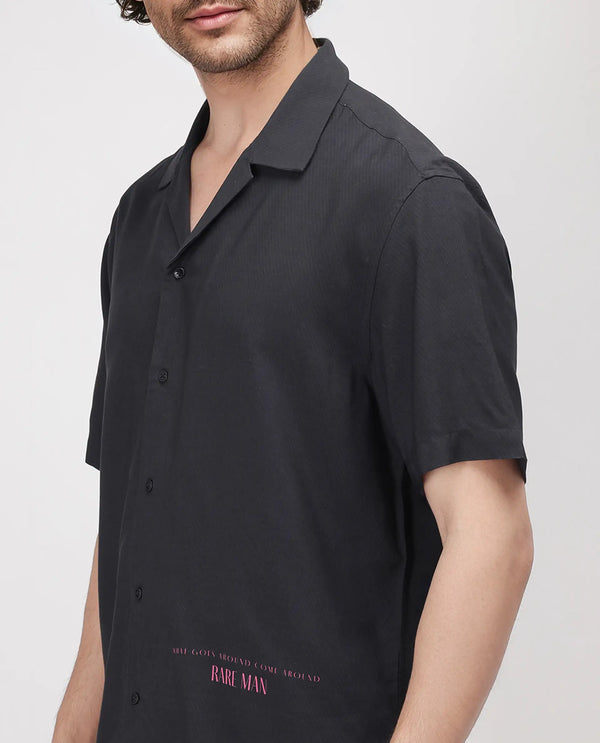Rare Rabbit Men's Caro-S Black Cotton Short Sleeve Collared Neck Button Closure Graphic Print Shirt