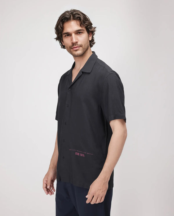 Rare Rabbit Men's Caro-S Black Cotton Short Sleeve Collared Neck Button Closure Graphic Print Shirt