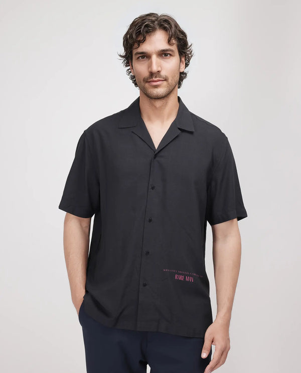 Rare Rabbit Men's Caro-S Black Cotton Short Sleeve Collared Neck Button Closure Graphic Print Shirt