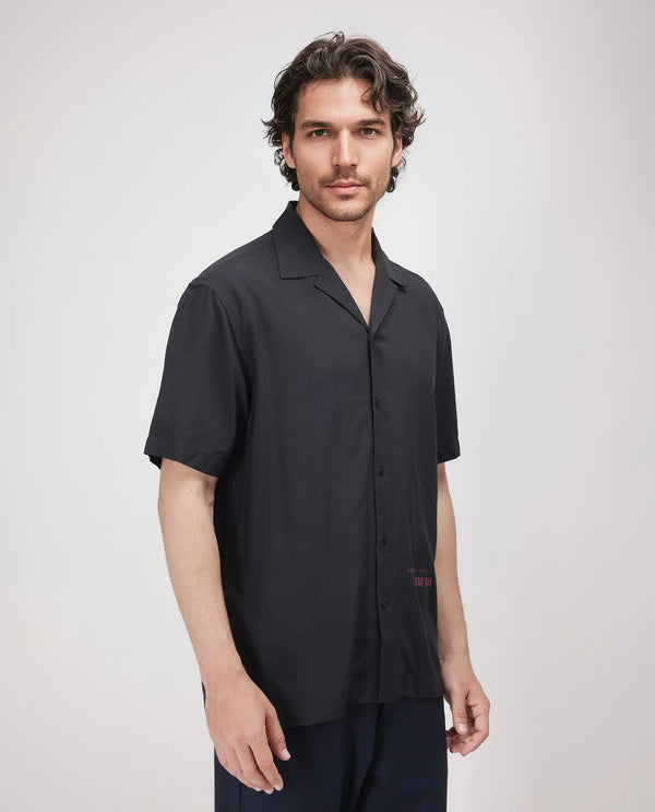 Rare Rabbit Men's Caro-S Black Cotton Short Sleeve Collared Neck Button Closure Graphic Print Shirt