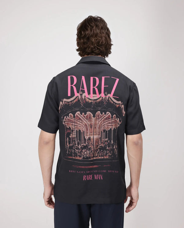 Rare Rabbit Men's Caro-S Black Cotton Short Sleeve Collared Neck Button Closure Graphic Print Shirt