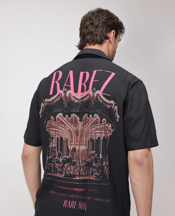 Rare Rabbit Men's Caro-S Black Cotton Short Sleeve Collared Neck Button Closure Graphic Print Shirt